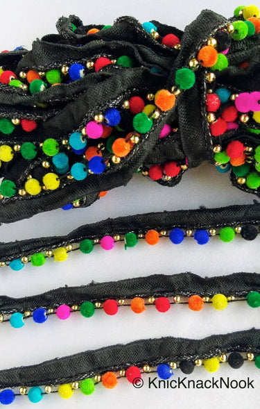 Multicoloured Velvet Beads With Black Cotton Trim, Fringe Trim, Approx. 16 mm wide - 210119L367